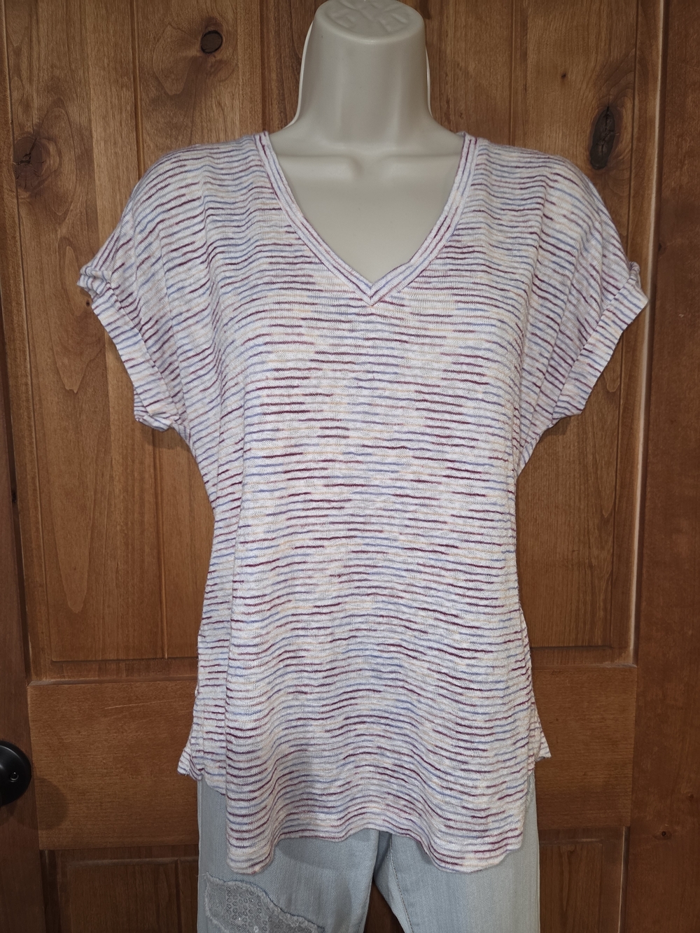 bobeau White V-Neck Short Sleeve Top with Pink Blue Purple Stripes